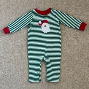 Ishtex green striped Santa Claus appliqué romper, size 9mo